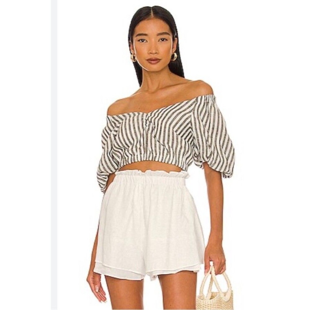 Sancia Revolve Mara Top Cropped Stripes Size Medium Puff Sleeves 100% Flax